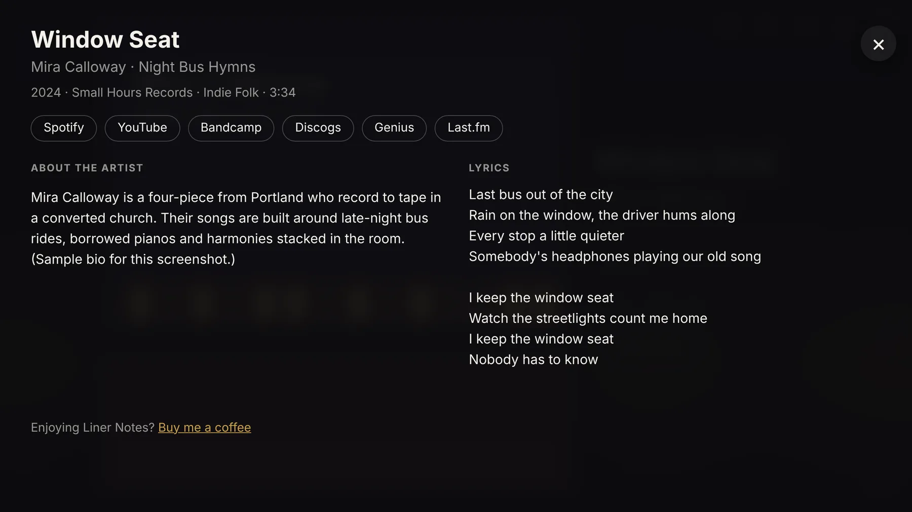 The song page with the artist's bio and lyrics